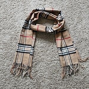Cashmink plaid scarf, browns, red and black.
